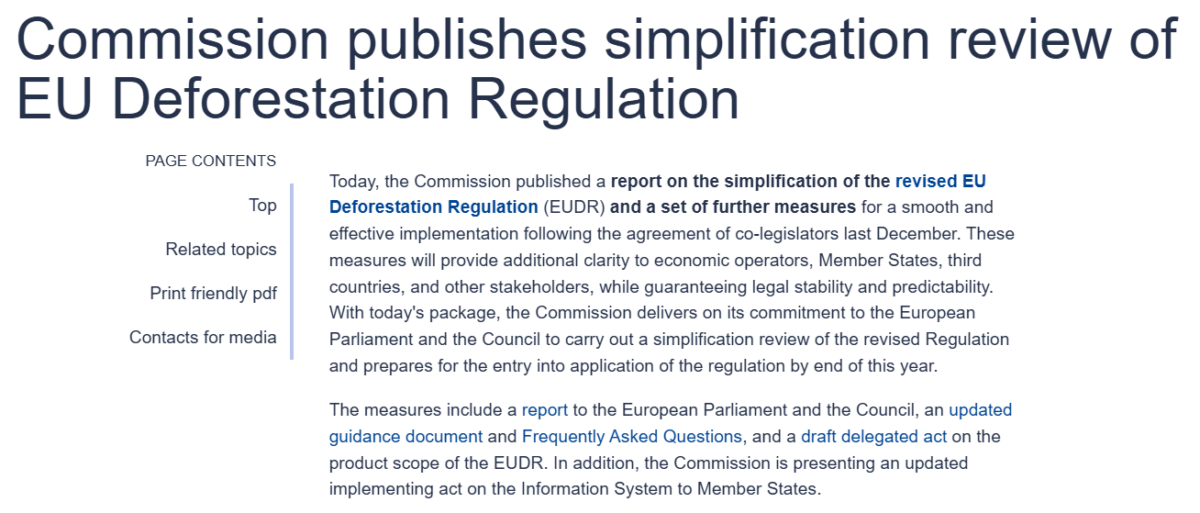 Commission publishes simplification review of EU Deforestation Regulation